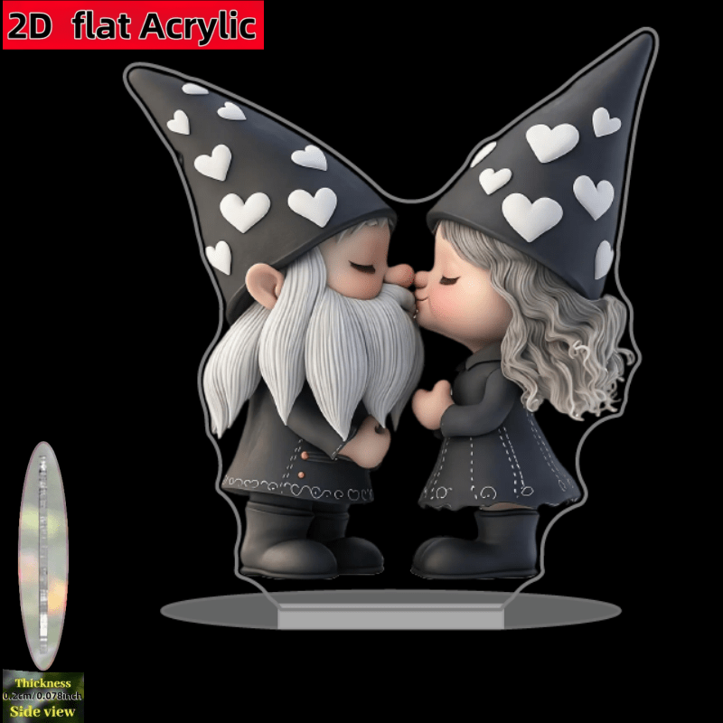 TEMU 2d Flat, 1pc Cute Couple Decoration - Kissing Gnomes With Heart Hats, Flat Acrylic Tabletop Decor For Home, Office, Valentine's, Anniversaries -