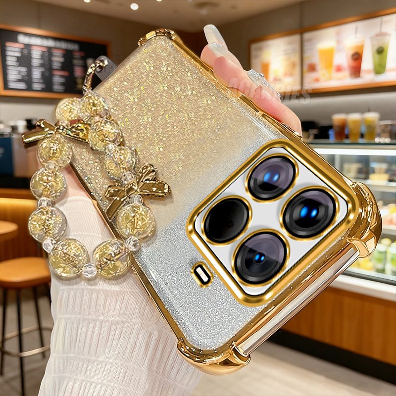 TEMU Phone Case: Lanyard Wrist Strap Chain Luxury Plating Glitter Gradient Shockproof Protection Phone Case For Xiaomi 15t/ 15t Pro Tpu Soft Back