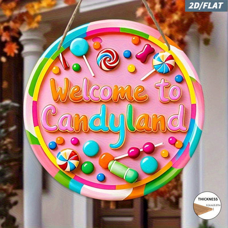 TEMU 2D Plat, 1 stuk 2D Plat "Welcome to Candyland" Ronde Houten Hangdecoratie - Levendig Lolly en Kauwgom Ontwerp, Gemaakt van Samengesteld Hout,