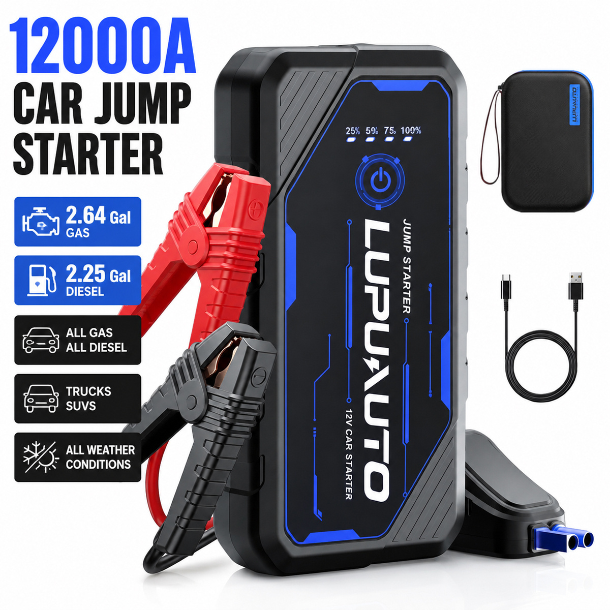 TEMU Démarreur d' pour voiture 12000A, adapté aux moteurs essence de 2,64 gallons et diesel de 2,25 gallons, booster de batterie de voiture portable,