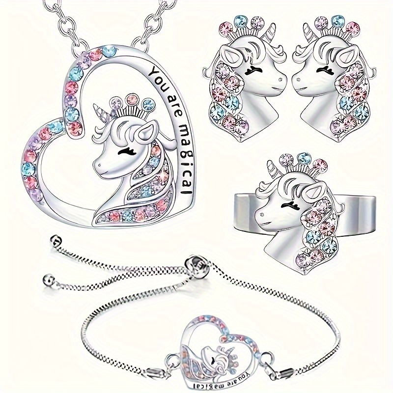 

4 Pcs/ 1 Set Sparkling Unicorn Jewelry Set Pretty Cute Unicorn Pendant Necklace Ring Earrings Bracelet Perfect Birthday Gift For