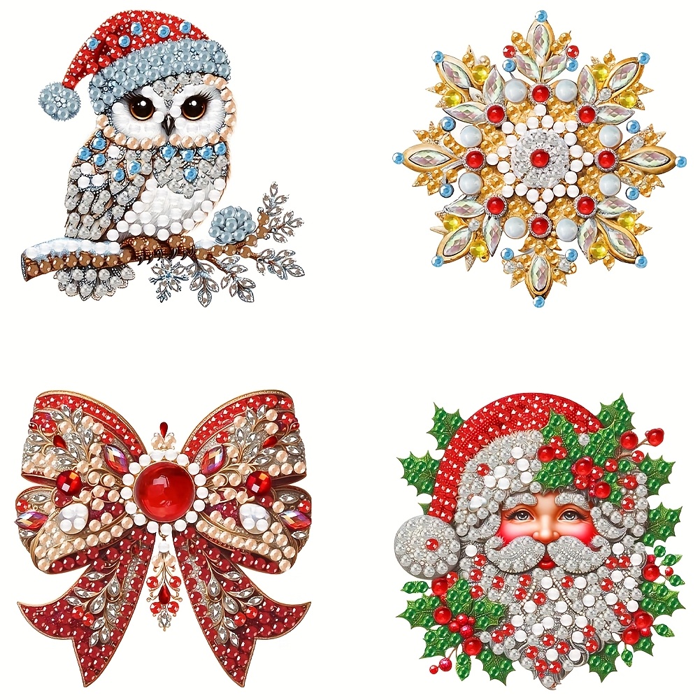TEMU 4pcs Set - Creative Christmas Themed Diamond Painting Brooch Kit, Diy Brooch Crafts With Special-shaped Painting, Handmade Gift For Craft