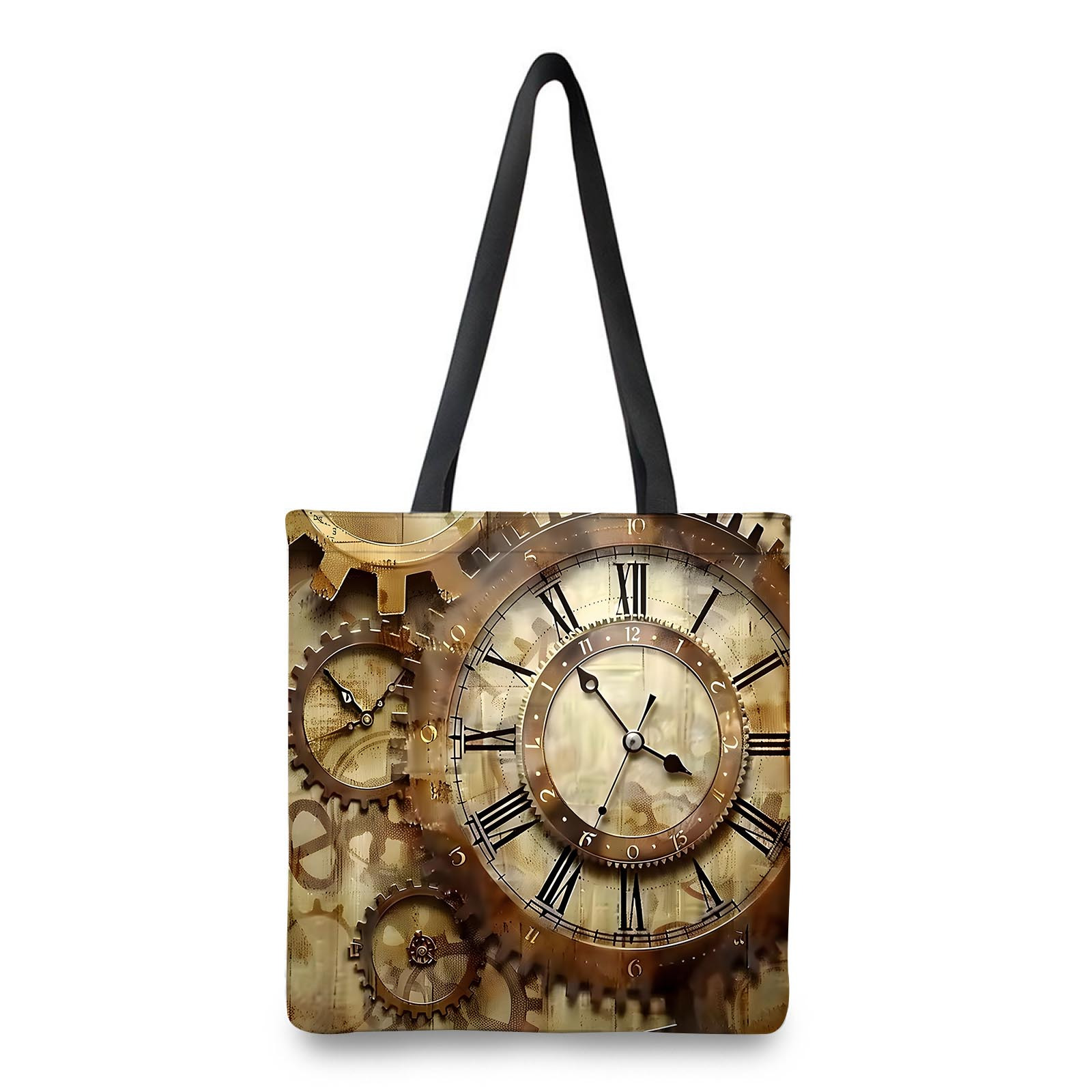 

1pc Steampunk-inspired Polyester Tote Bag With Clock And Gears Design - , Washable, Spacious Shoulder Handbag For Shopping, Beach, Gym, Travel - No-closure, Polyester Lined