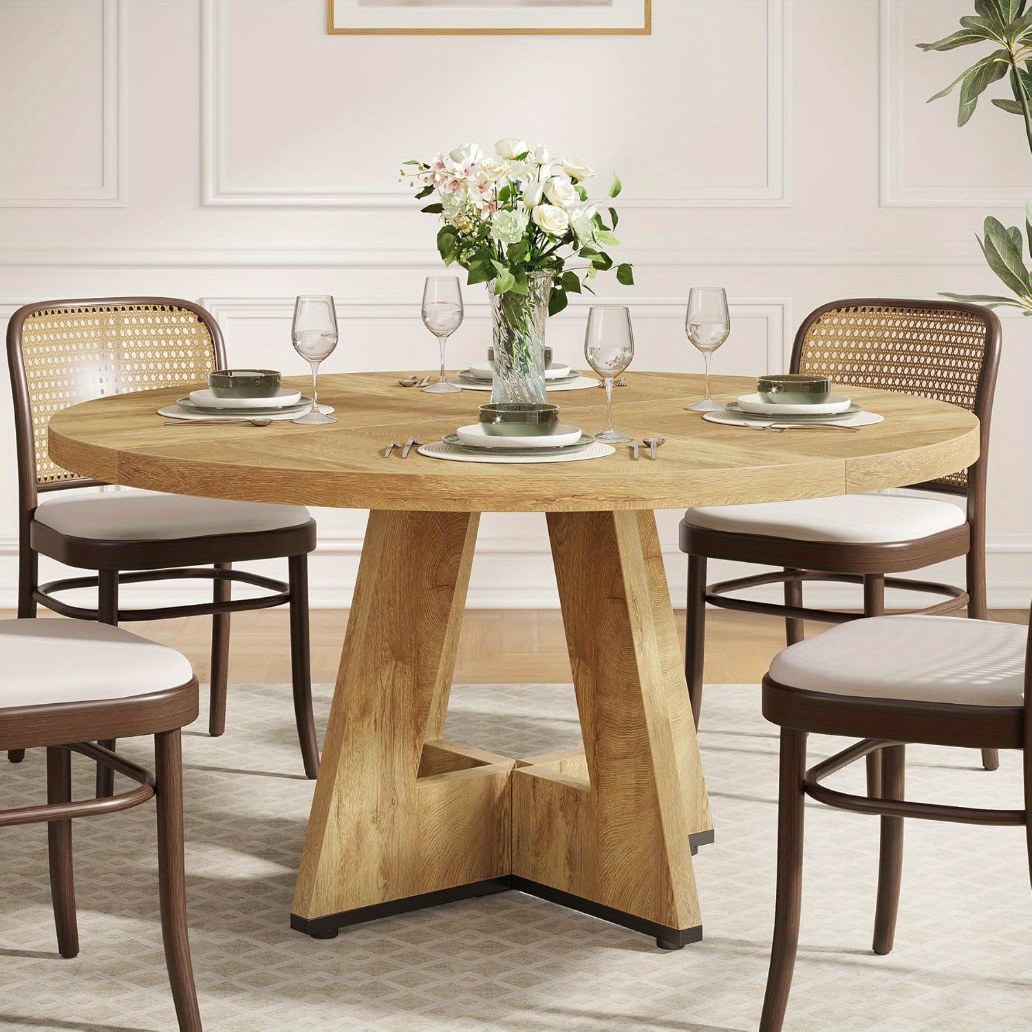 4-seater Round Dining Table, 47-inch Farmhouse Table With Wooden Pedestal Base For Kitchen, Dining Room, Living Room (light Wood)
