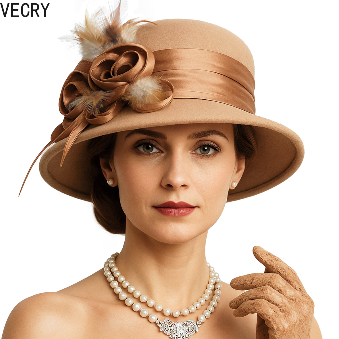 * Women'S Vintage Wool Felt Bucket Cloche Bowler Hats Flowers Church  Wedding Dress Winter Fedoras Hat