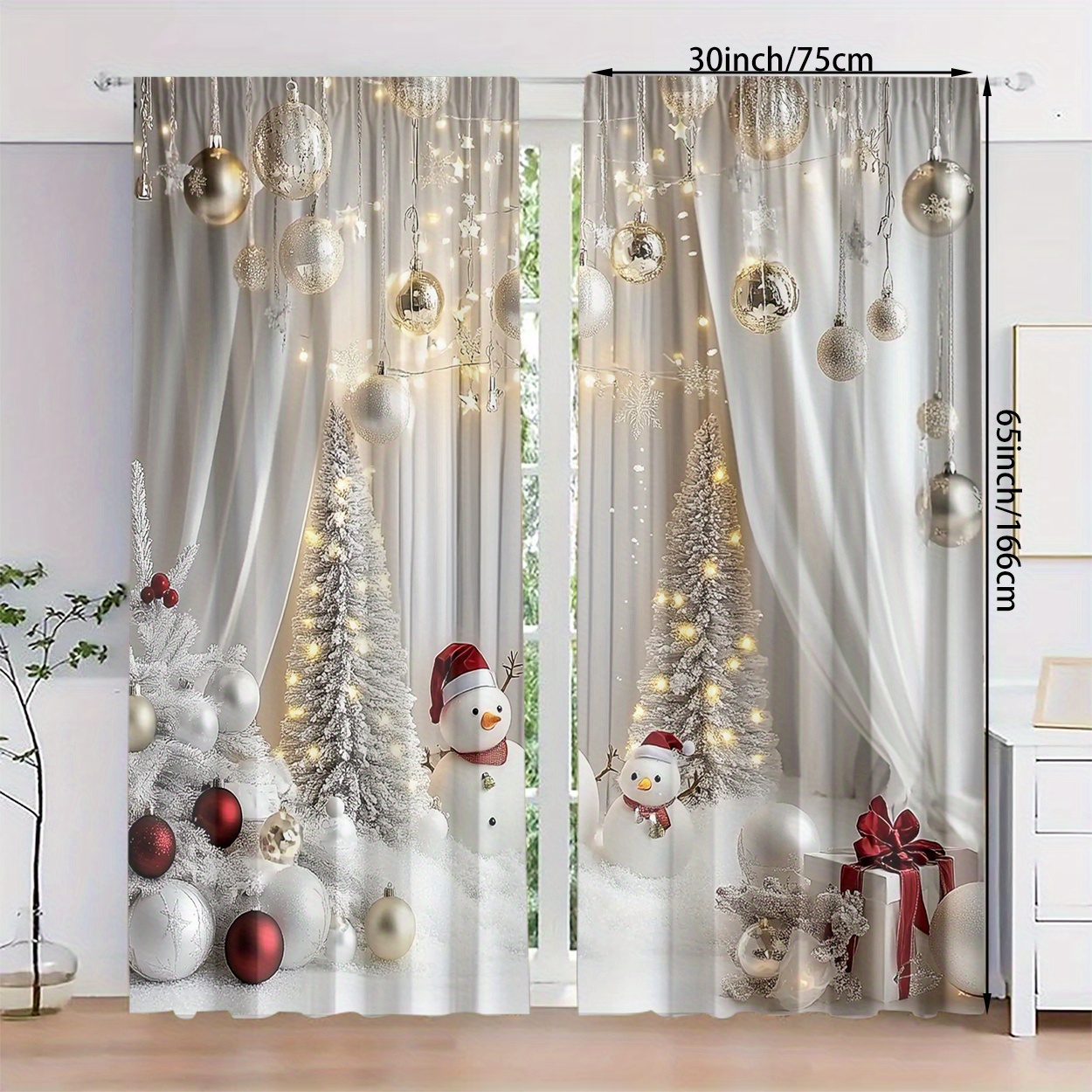 TEMU Contemporary Christmas Theme Light- Curtains With Snowman And Print, 2 Panels, Rod Drapes, , Washable, Decorative For Bedroom, Room, - Use