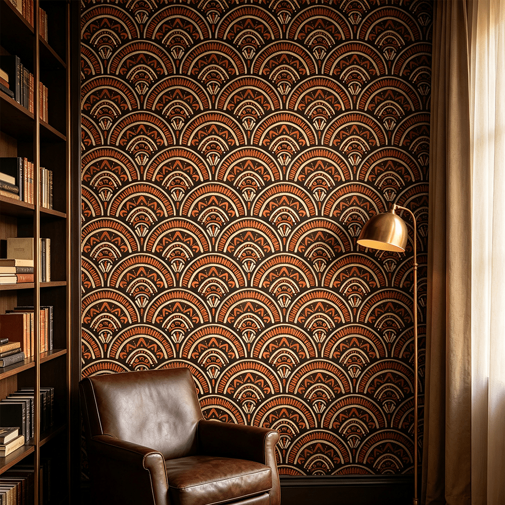 TEMU 1 Rouleau de Papier Peint 0,24 mm d'Épaisseur, Support Marron Foncé avec Imprimé Géométrique Éventail Vintage Orange Chaud, Style Ethnique