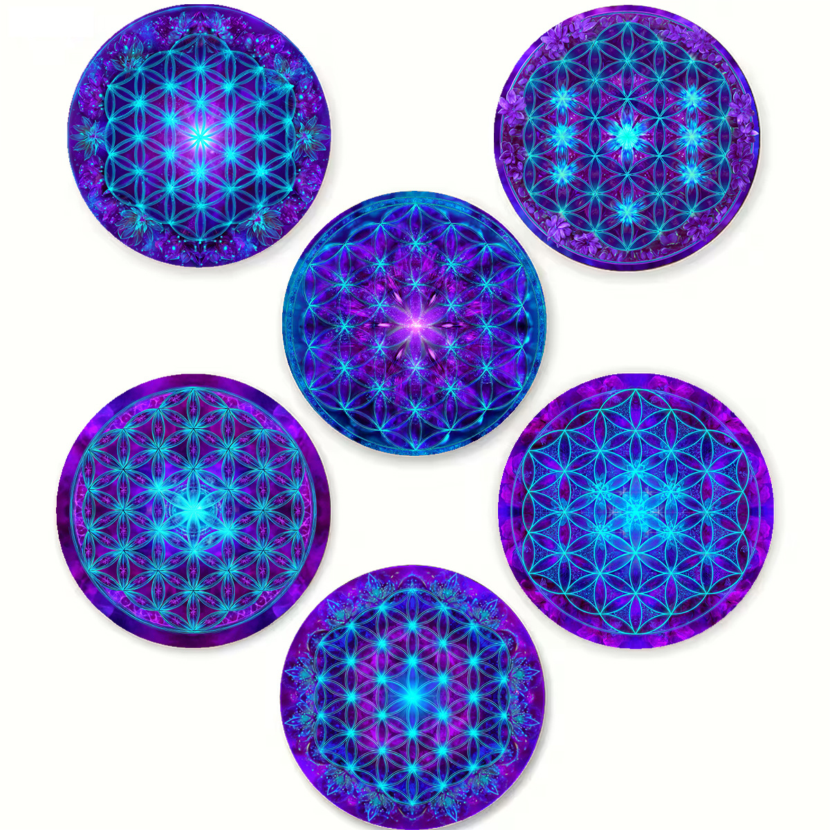 TEMU Set Of 6 Wooden Coasters With Geometry Flower Of , Featuring A Blue-purple Gradient Mandala. Non-slip Coasters For Home Use On Dining Tables Or