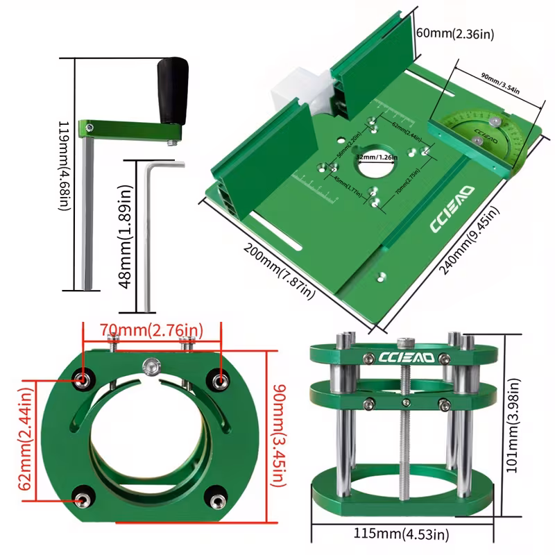 适用于65毫米直径马达的木工翻转板和铣床升降套件 - 铝合金铣床嵌入板带斜角量规和护板 - 工作台修边木工辅助工具 商品详情 5