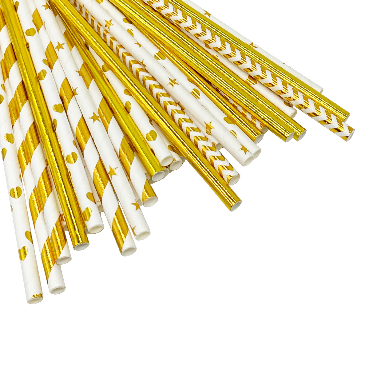 TEMU 100pcs/pack Of Golden Mixed Straws, Random Styles Including Golden, Dots, Stripes, Waves, Hearts, Stars, Etc. Beverage Straws, 6mm Diameter, 197mm Length