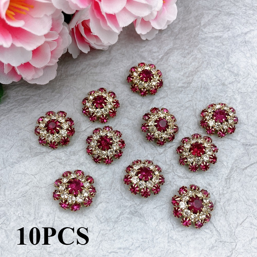 TEMU 10pcs Of 2cm/0.79in Vintage-style Beautiful Flower-shaped Rhinestone Buttons, Featuring Magenta Faux Diamond Inlays. High-end Handmade Design