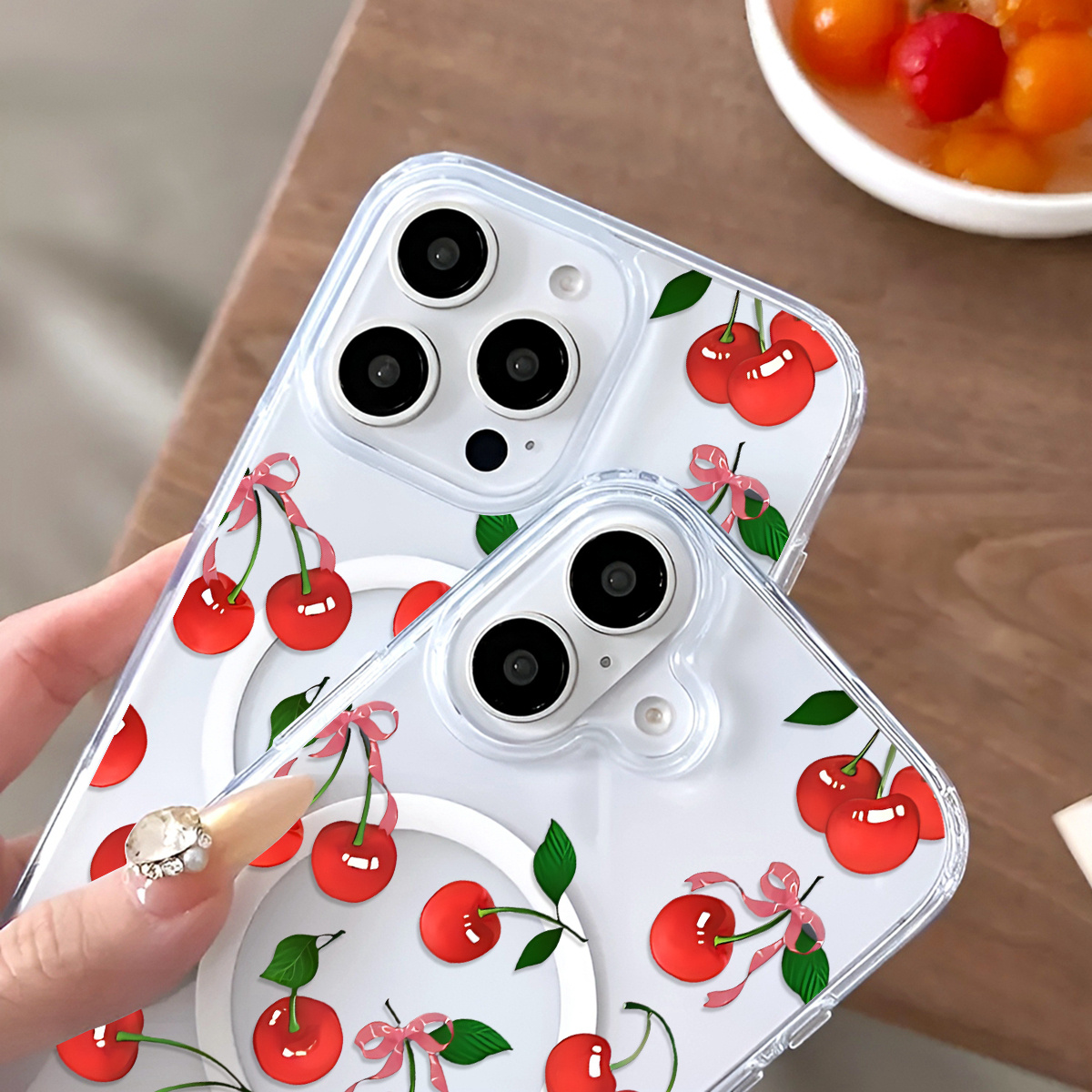 Alluring Cherry Fashion Pattern Design Mobile Phone Case Suitable for iPhone 16 Pro Max Cases 16Pro 16Plus 16Case 15Case 15ProMax 14Pro 14Plus 13Pro 12Pro 11, Shockproof Magnetic Wireless Charging Acrylic Transparent Mobile Phone Case Accessories