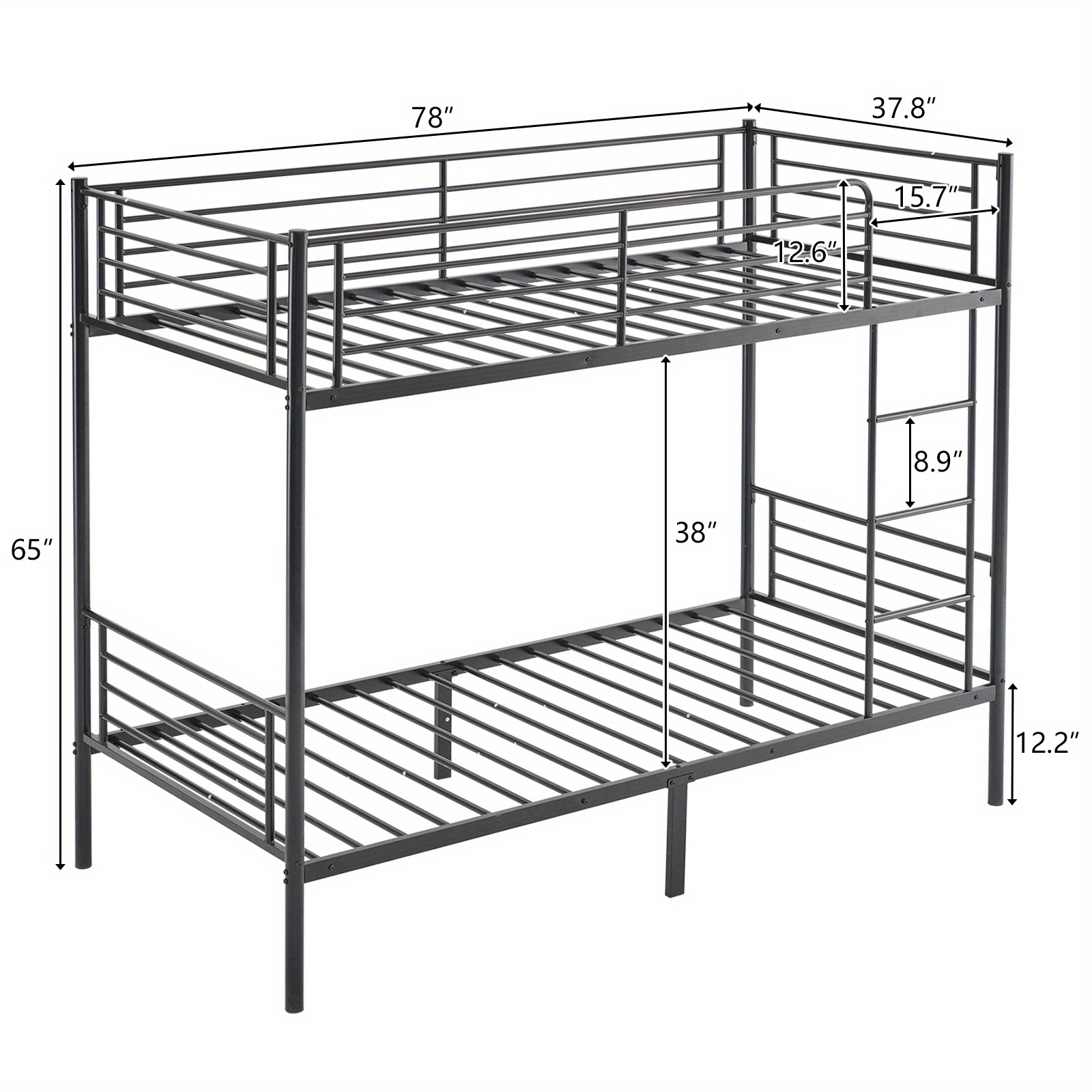 Sturdy Modern Metal Bunk Bed with Safety Ladder & Full Guardrail - Space-Saving Design, Black, 198.12x96.01x165.1 cm, 18 Slats, Upper Mattress 181.44 KG, Lower Mattress 272.16 KG, Easy Assembly, No Tools Required