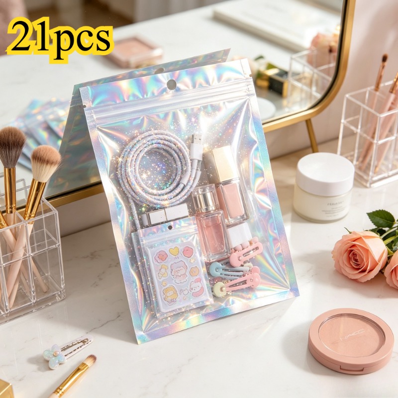 TEMU 21pcs / 12 X 7.5cm Laser Bags, Iridescent Self-sealing Bags, Sealed Bags, Bags, Phone Case Cosmetic Additions Packaging Bags, Convenient And