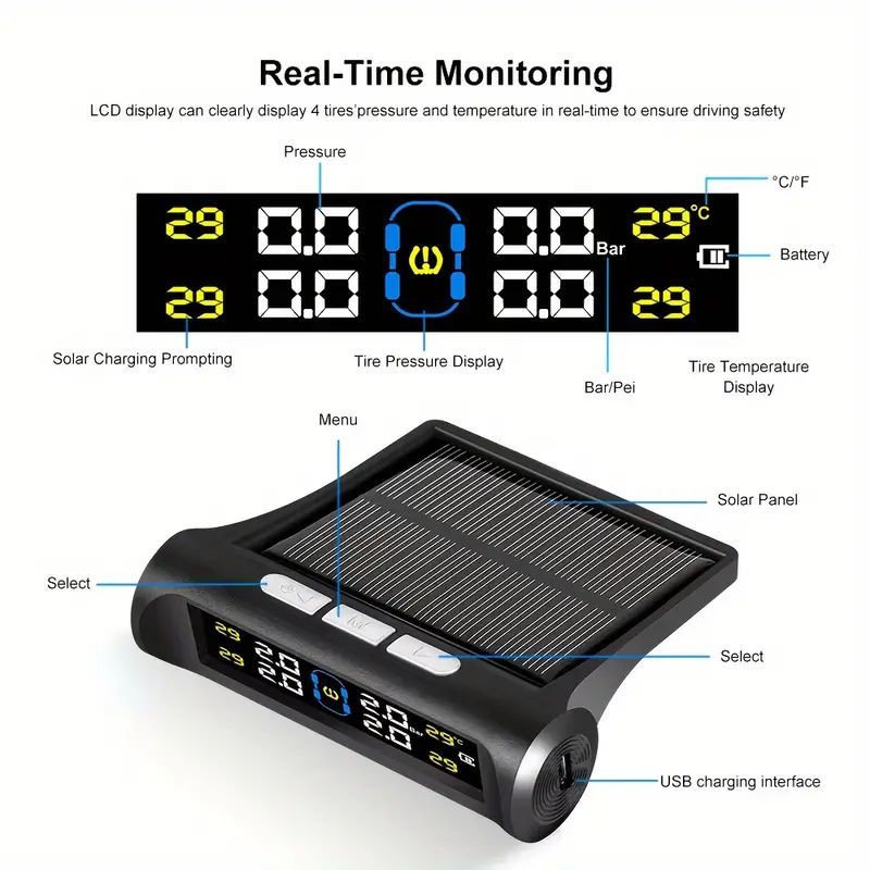 Solar TPMS Monitor with 4 External Sensors for Cars for tire pressure service detail image 1