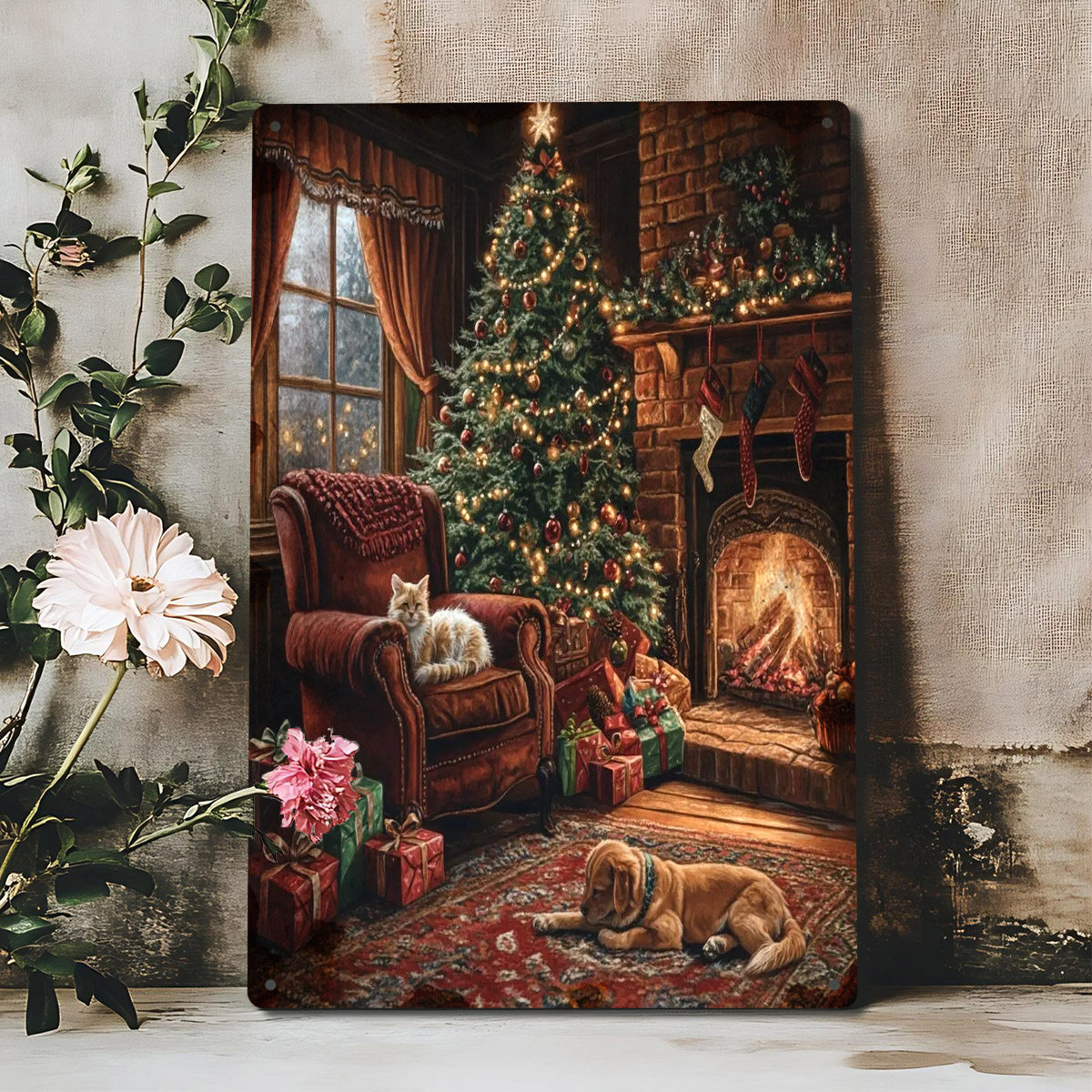 TEMU 2d Flat, 1pc Rustic Cabin Christmas Metal Tin Sign - 20.32×30.48cm Cozy Fireplace Tree With Wall Art, Farmhouse Holiday Decoration Suitable For