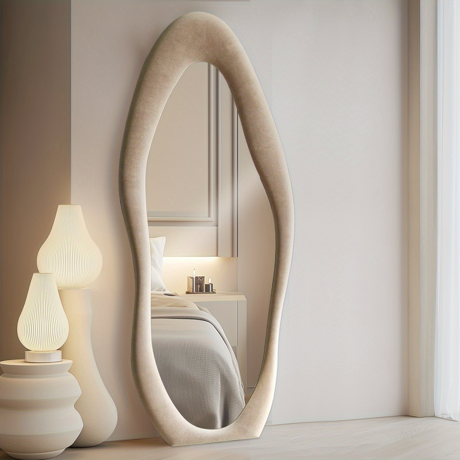 Full Length Mirror With Stand - Cloud Shape Floor Mirror Suitable For Bedroom & Living Room, Luxurious Flannel-wrapped Wood Frame Vertical Mirror With, Full Body Mirror For Dressing Room Or Entryway