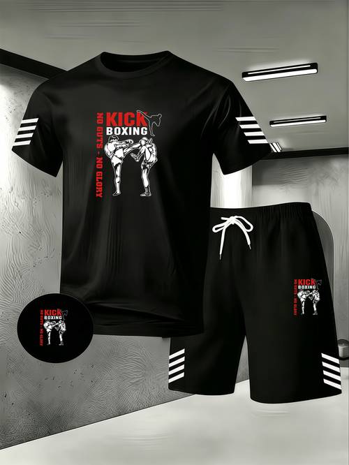 kick boxing print quick drying sports suit mens fighting style short sleeved drawstring shorts 2pcs set fitness training sportswear