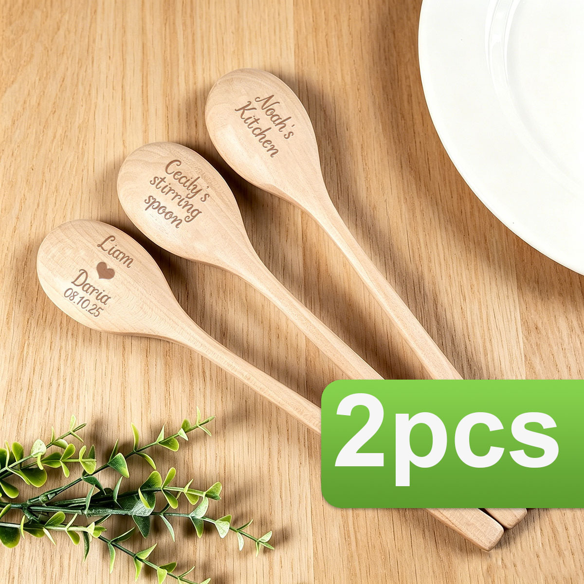 TEMU Customizable Name 2pcs Wooden Kitchen Wooden Spoons, Personalized Wooden Spoons, Soup Spoon, Cooking Spoon, Long Handle Wooden Spoon, Suitable
