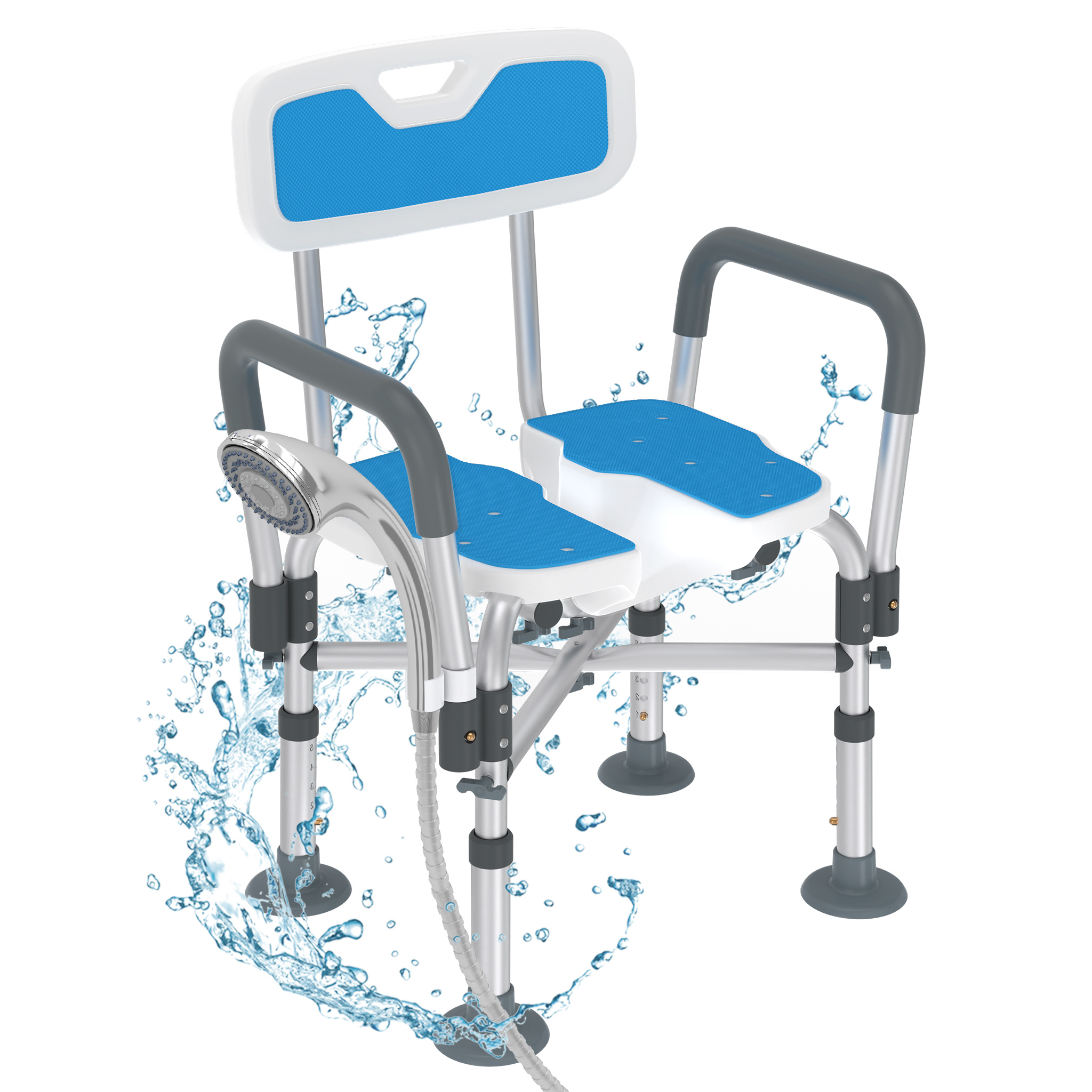 TEMU Taburete de ducha con reposabrazos y respaldo extraíbles, diseño de ranuras, silla de ducha para mayores, altura regulable, impermeable,