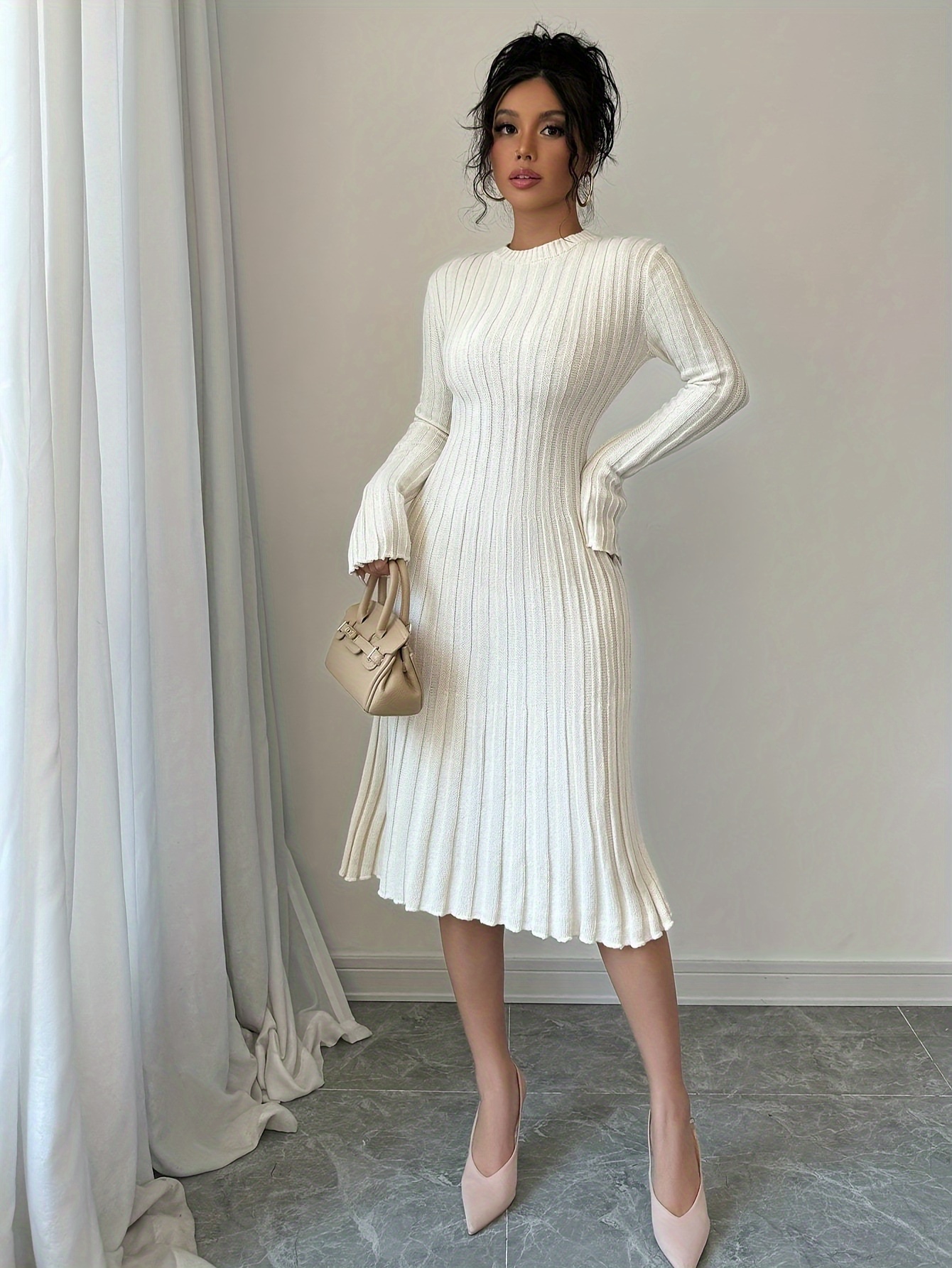 Women's Elegant Ribbed Pleated Long Sleeve Crew Neck Sweater Dress - Solid  Color, Hand Wash/* Versatile for Casual & Formal Wear, Sweater, Fo