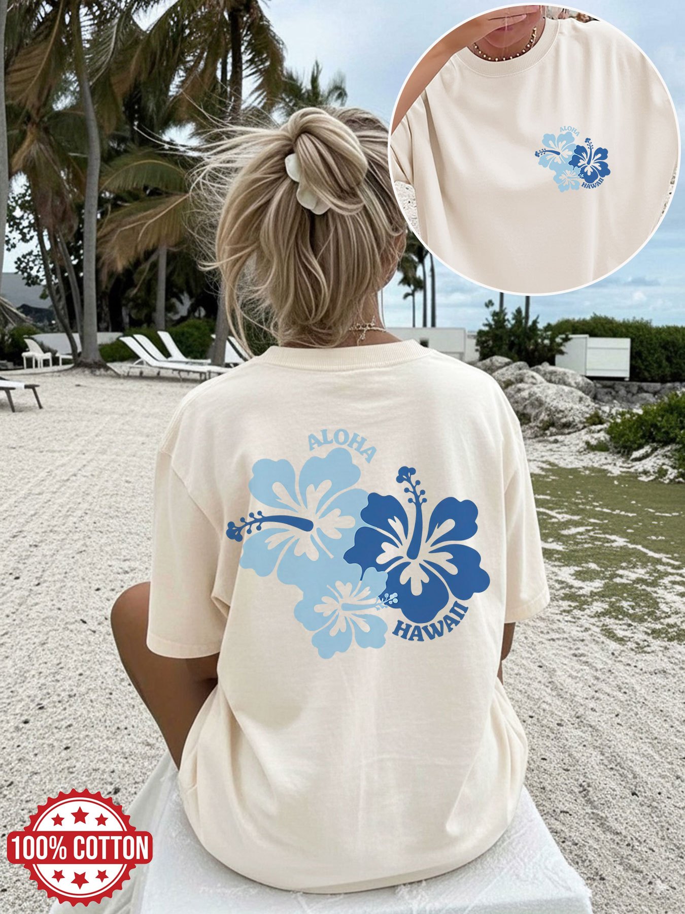t-shirt femme été décontracté à imprimé  , style   hibiscus  , manches courtes col rond coupe   0
