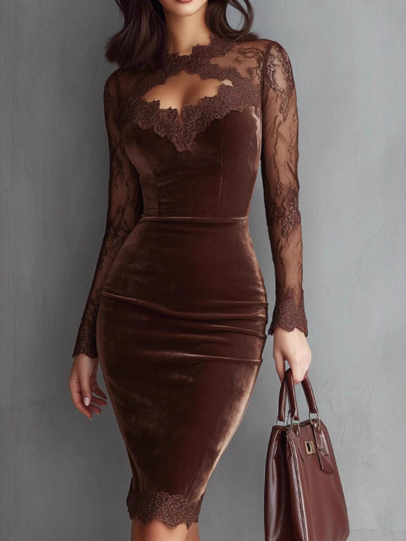 open lace back dress Style Essence Long Sleeve Midi Dress (Brown) · NanaMacs main image 0