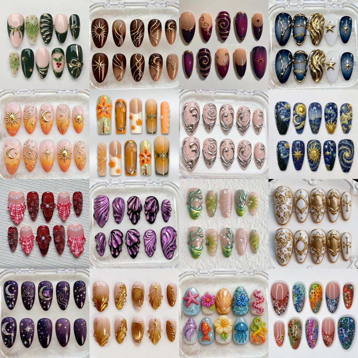 TEMU 40pcs 3d Embossed Golden Relief Moon Nail Art Random Medium Length Almond Shape, Creative Artistic Nails, Detachable Fake Nails, Press-on Nails,