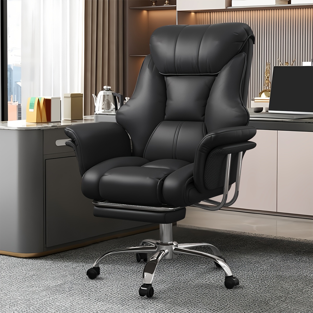 luxury reclining office chair 550 lbs weight capacity   high back chair with extra thick   and footrest adjustable lumbar support swivel   swivel sturdy metal frame brown leather look for home office