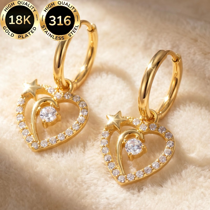 TEMU A Pair Of High-quality Steel 18k Gold-plated Hypoallergenic Earrings For Women, Featuring A Light Luxury, Elegant, And With Heart-shaped ,