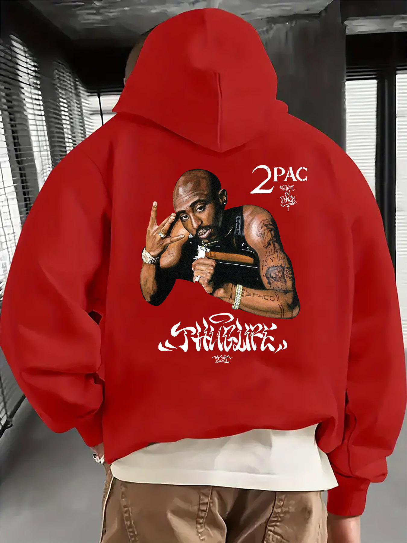 Men'S Casual Hoodie Featuring a "2Pac Rap Hand-Drawn" Print on The Back, Long-Sleeve Pullover with a Front Pocket, Machine Washable, Warm Sweater for Autumn And Winter, Everyday Pullover, Durable Patterned Sweatshirt. - Image 4