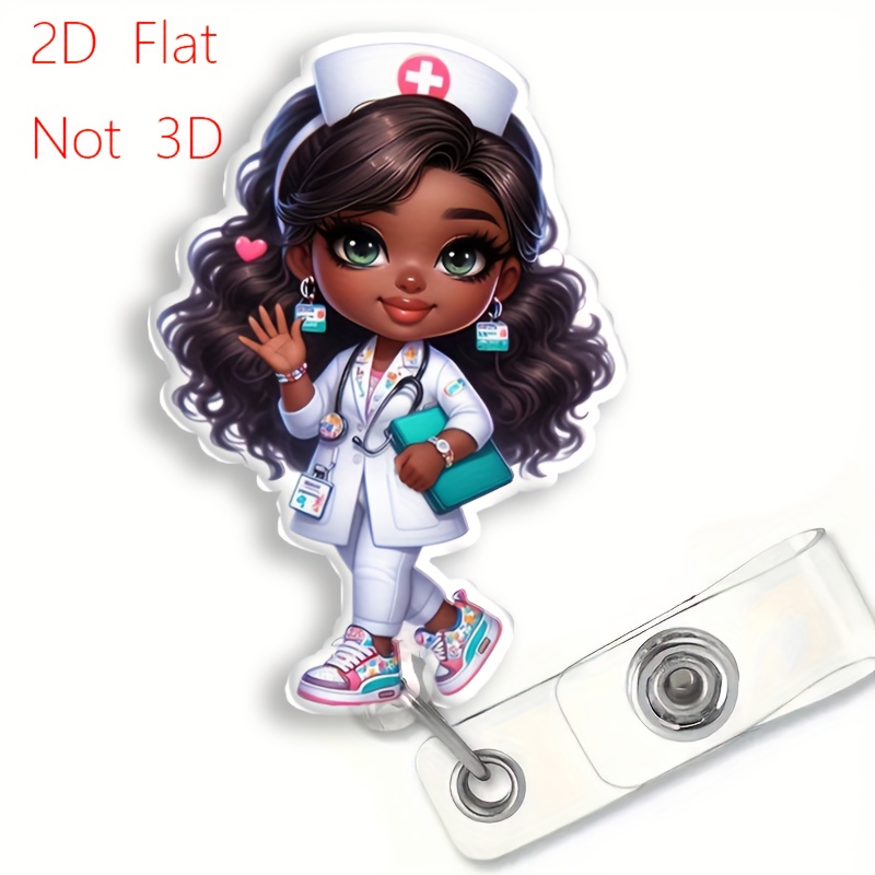 TEMU 1pc Of A Cute 2d Flat Cartoon Nurse Badge Reel, Made Of Acrylic Material, Suitable For Nurses, Doctors, Staff, And Medical Personnel Badge