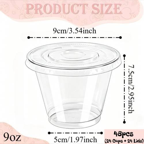 48pcs 24 cups 24 lids transparent plastic dessert cups with matching lids clear serving cups for ice cream layered cake pudding smoothies and salads ideal for birthday celebrations graduation events outdoor picnics reunions