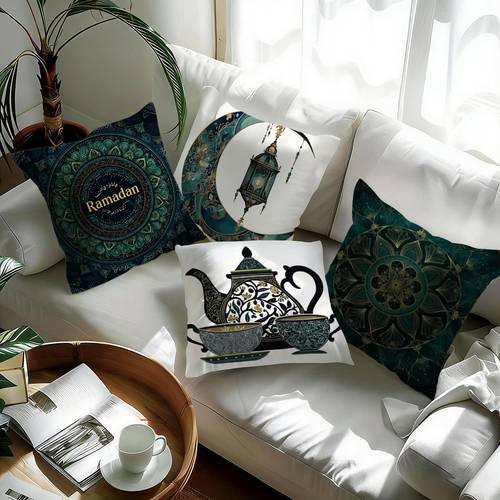 set de piese, potrivite pentru sărbătorilor de ramadan, fețe de pernă cu tematică ramadan, huse de pernă cu imprimeuri cu lanternă, semilună, ceainic, ceașcă și mandala, stil exotic, dimensiuni multiple disponibile, imprimare pe o singură față, lavabil la mașină, închidere