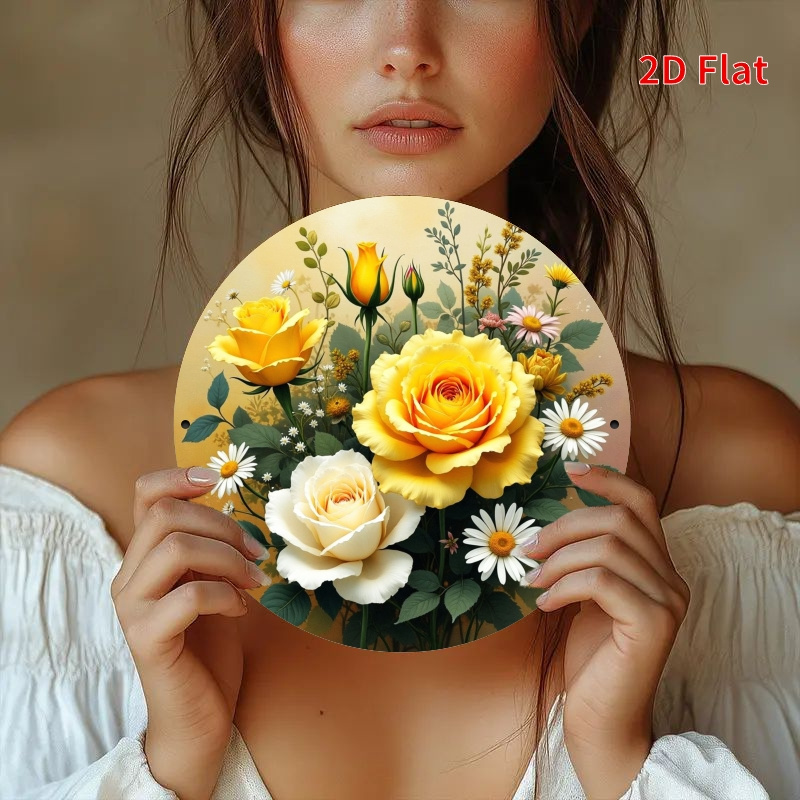 TEMU 2D Plat - Un design 2D avec des roses jaunes et des marguerites, parfait pour la décoration de printemps dans les bars, cafés, clubs, cuisines,