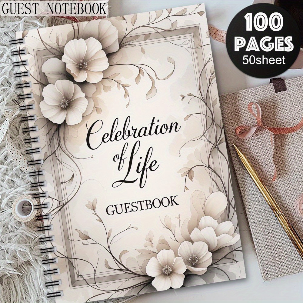 TEMU 1pc Of Decorative Floral Funeral Spiral Guestbook Notebook, Memorial Guest Book, Keepsake, Funeral Guest Notepad For Celebration, Personal