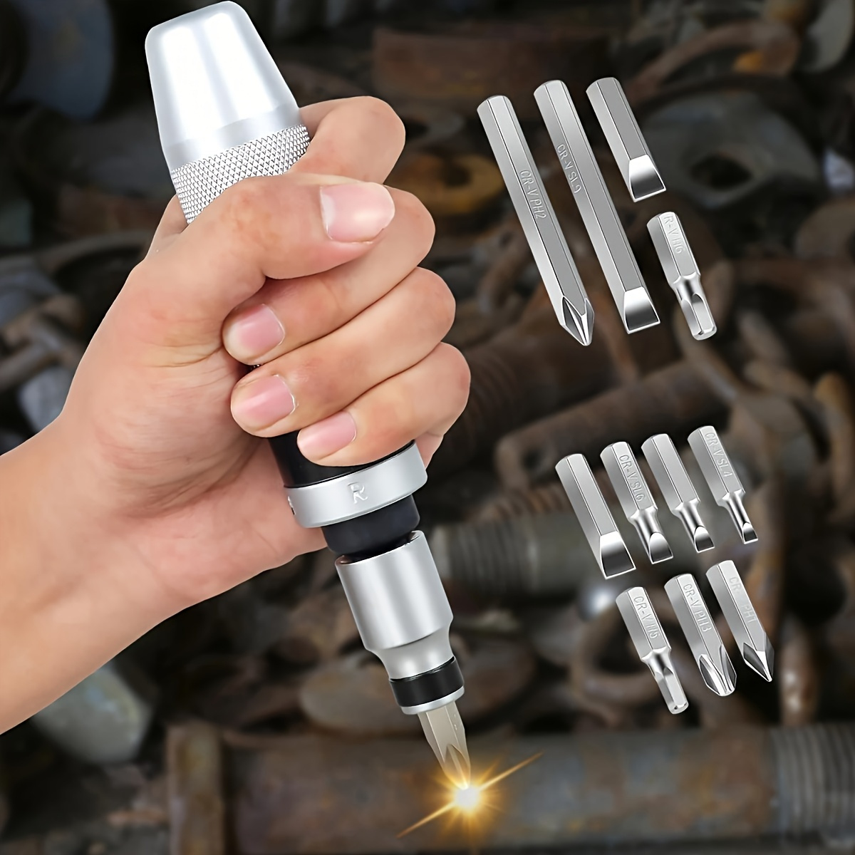 Juego de destornillador de impacto multifuncional, 13 piezas - Extractores de tornillos y herramientas de reparación con puntas de cincel, cabezas hexagonales/pentagonales/planas, sin necesidad de energía eléctrica para construcción