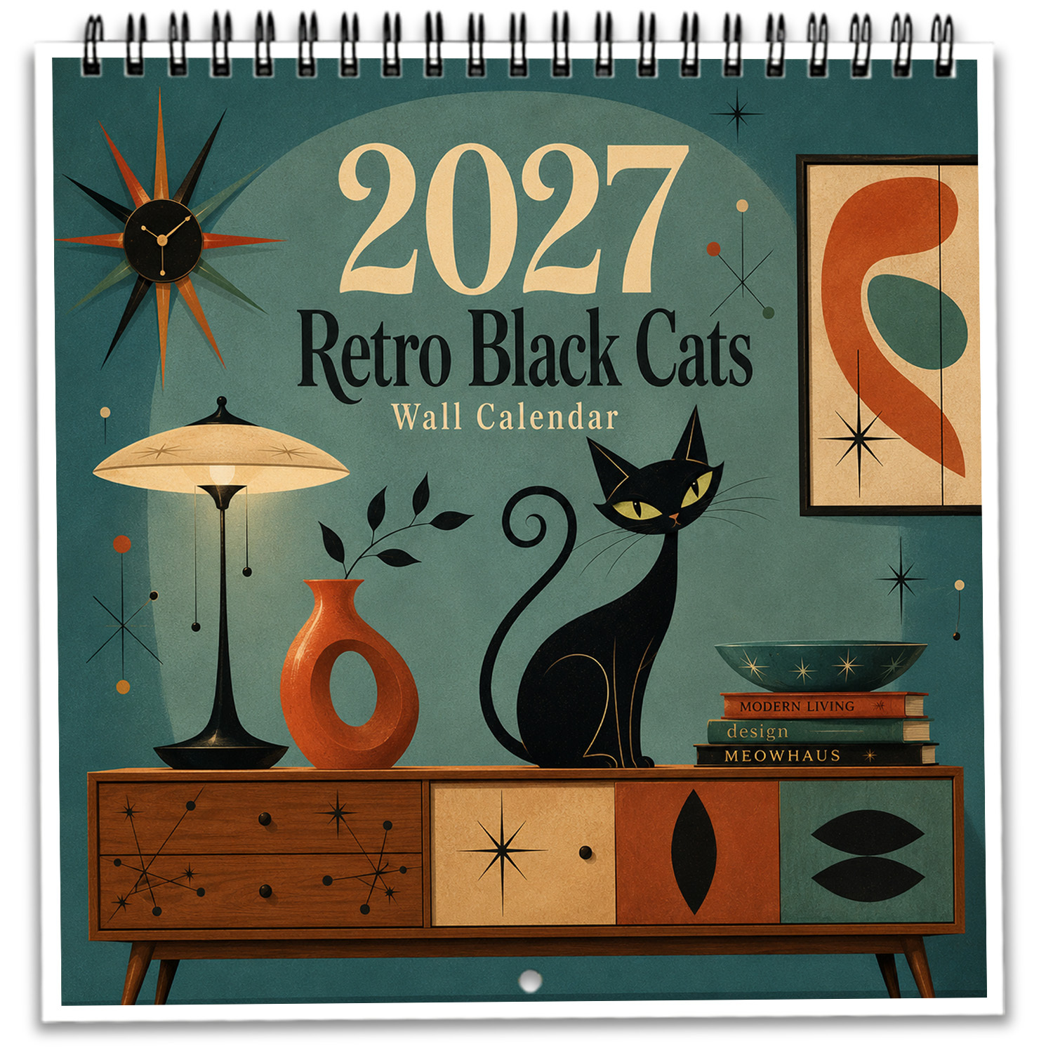 TEMU 1set 2027 Cats Wall Calendar, Mid-century Modern Spiral Bound Planner With Clear Date Grid, Vintage Art Classroom Decor, Unique Christmas Gift