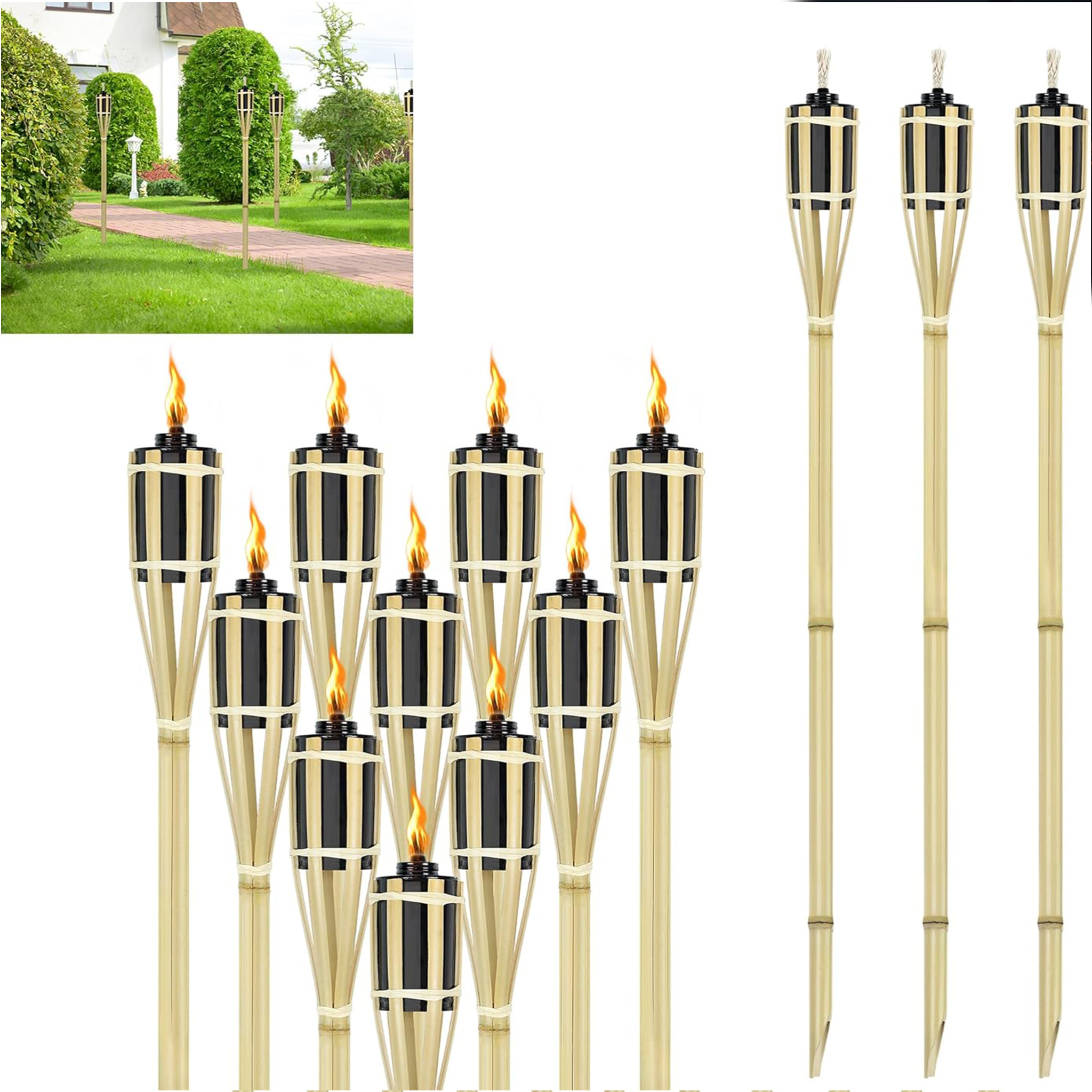 E-shop 12 Stück Bambus-Gartenfackeln, Garten-Erdspieß mit Docht, Höhe 90 cm