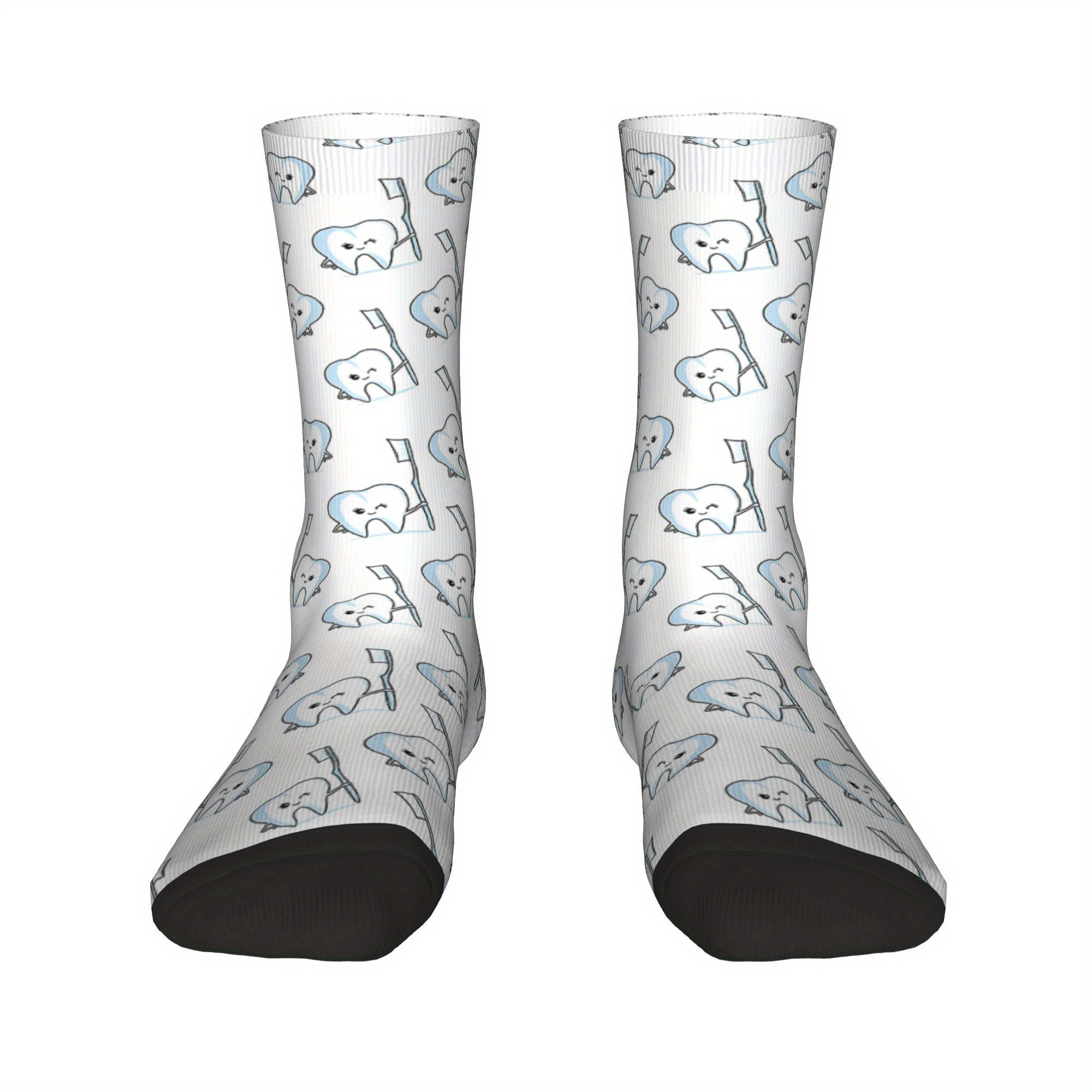 TEMU A Pair Of Cartoon-themed Socks Featuring Tooth Cleaning And Protection Designs For Men And Women, Creatively Designed Compression Socks That Are