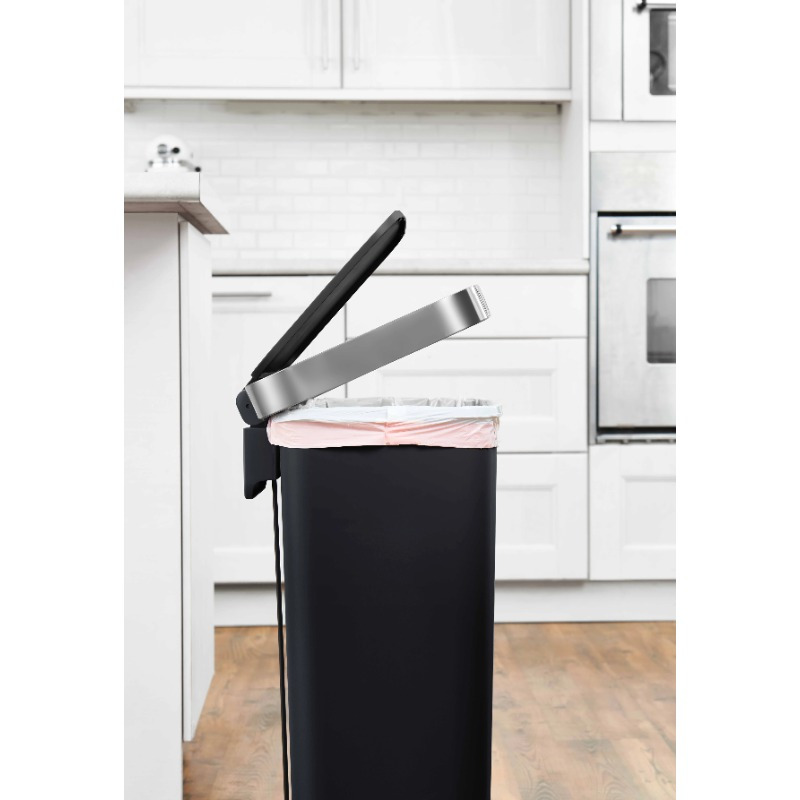 

11.9 Gallon Kitchen Trash Can, Plastic Foot Operated Kitchen Trash Can, Black, Stylish And Elegant, Plastic Resin. Stainless Steel Edging