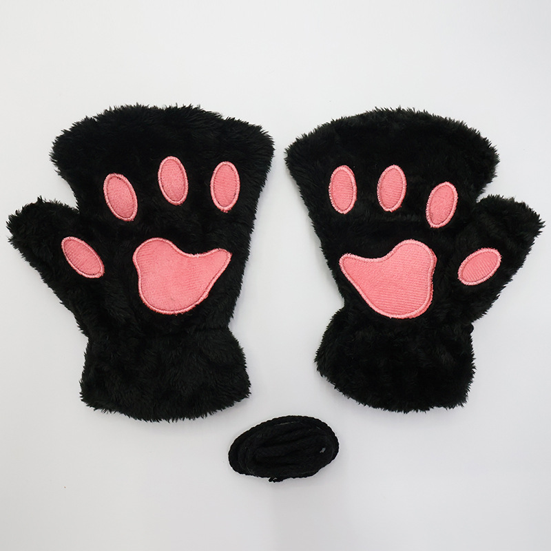 TEMU 1 Pair Cute Cat Paw Half-finger Plush Gloves, Autumn Winter Fleece Thick Warm, Embroidered Paw Print Fingerless Design With Anti-loss Lanyard,