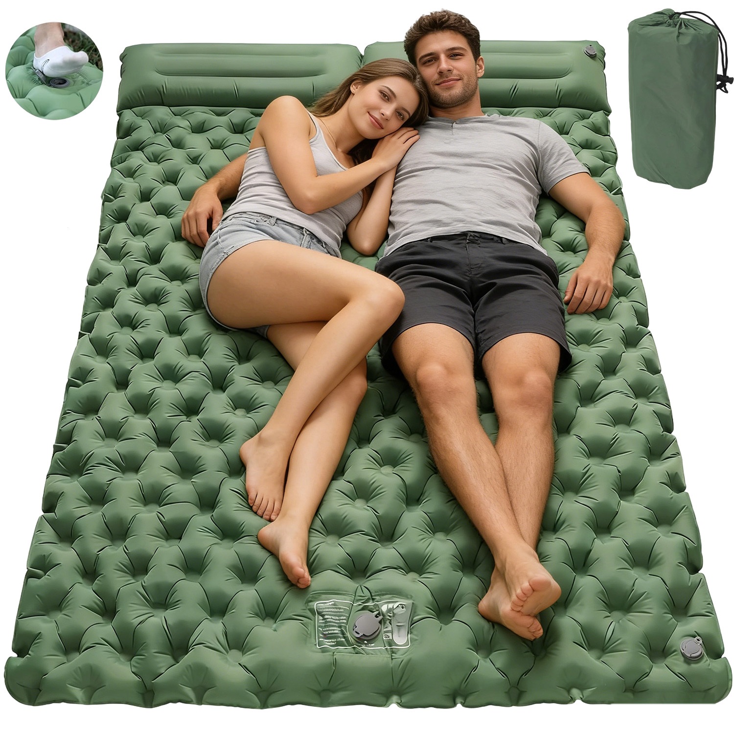 صورة العنصر حصيرة نوم مزدوجة فائقة الخفة قابلة للنفخ للتخييم، ذاتية النفخ 217*136 سم، حصيرة نوم قابلة للنفخ للتخييم، سرير هوائي محمول للتنزه، المشي لمسافات طويلة،  ، الخيمة