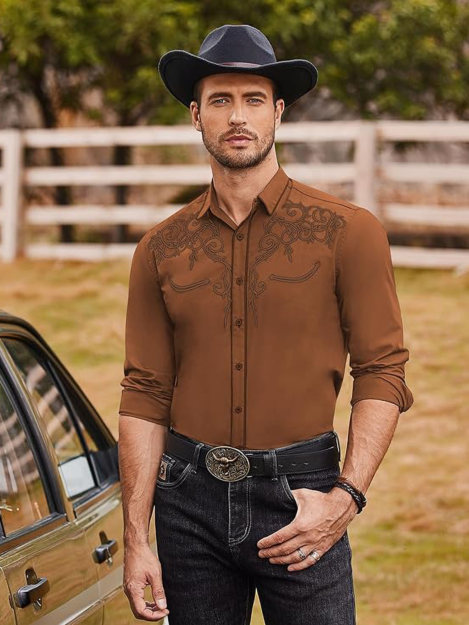 *'s Western Cowboy Shirt with Western Embroidery (/Horses/Horses), Collar  Button- Long Sleeve Fit Retro Vintage Western Shirt for Ranch,