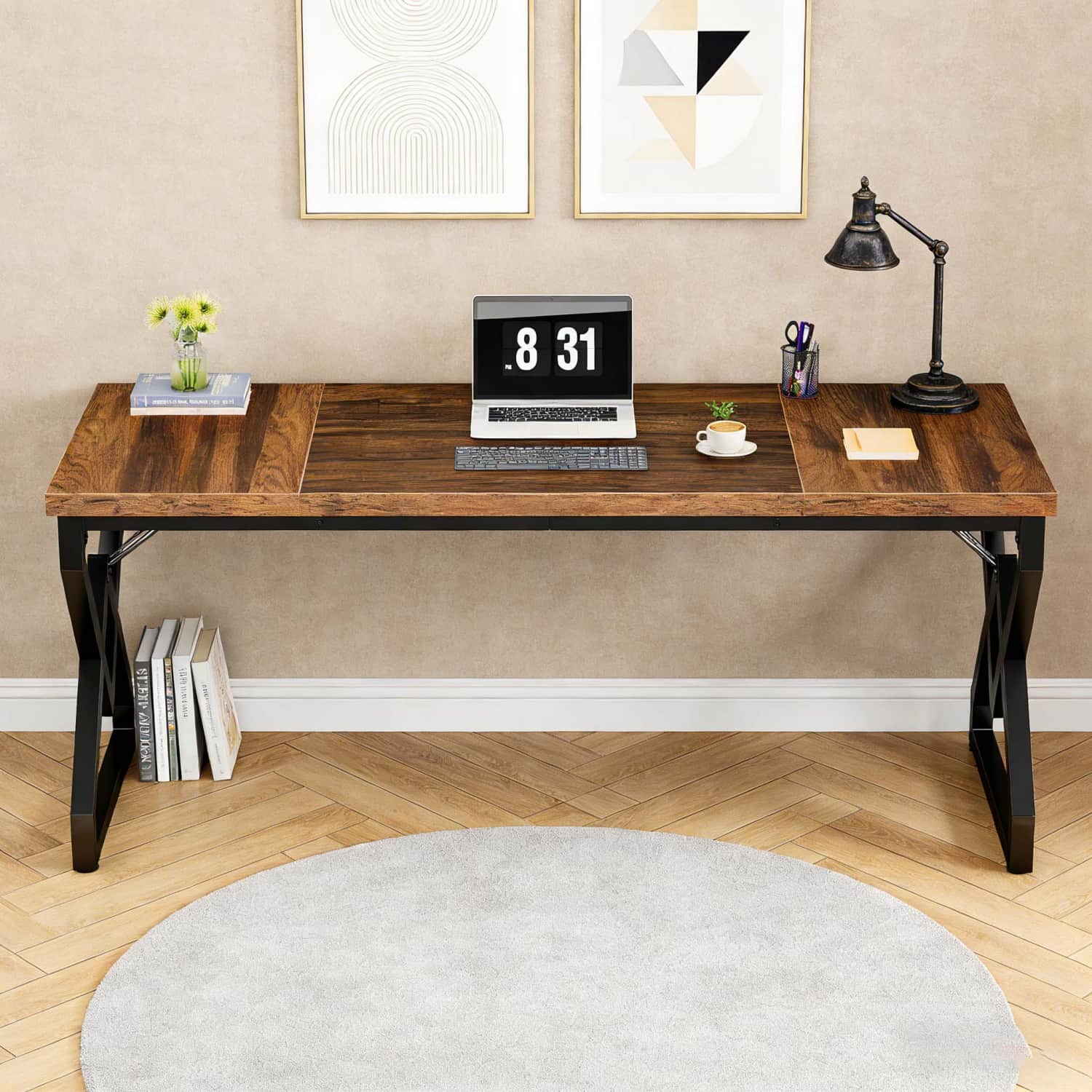 Large Desk Measuring 160 X 70 X 75 Cm, Featuring A Sturdy Wooden Tabletop And A Metal Frame, Ideal For Home Office Or Study Use