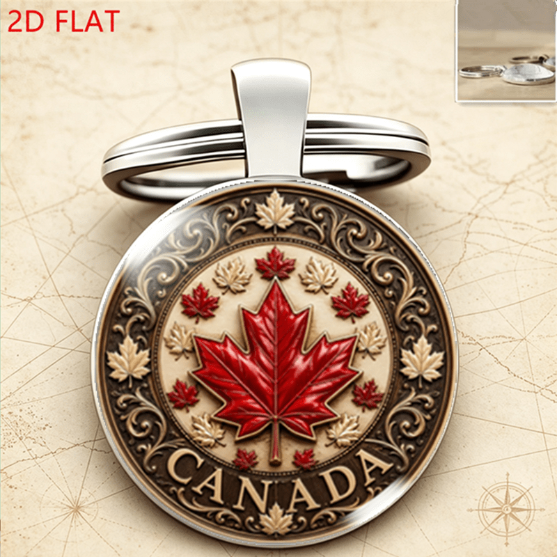 TEMU 1pc 2d Flat Glass Dome Leaf Keychain, Vintage Exquisite Canadian National Emblem Key Ring, Souvenir Pendant Keychain, Heritage Gift For Men And