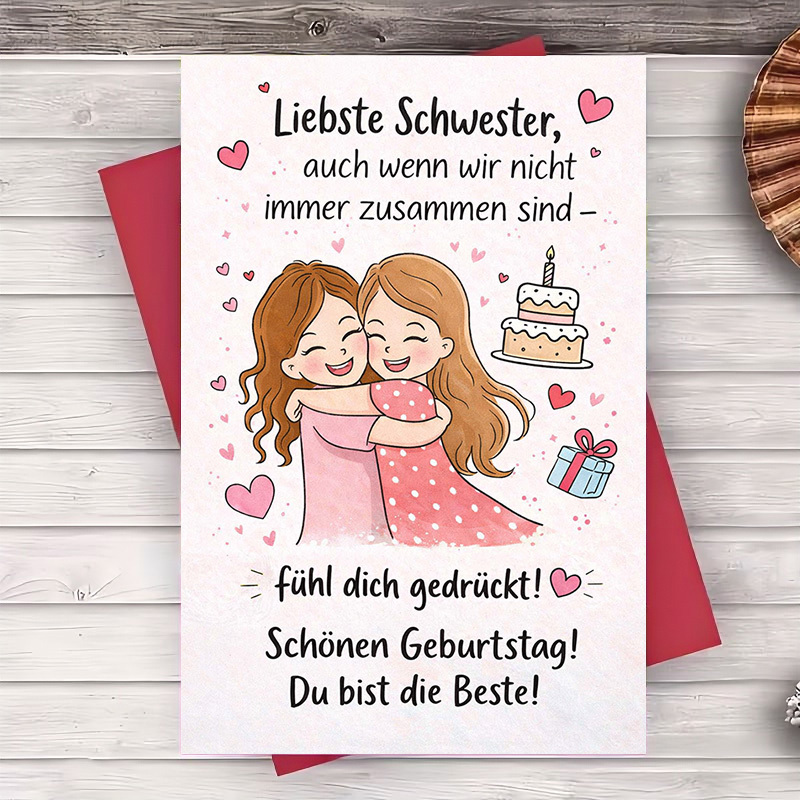 E-shop Eine Geburtstagskarte für eine Schwester mit einer liebevollen Umarmungs-Illustration, ideal für Familienfeiern, mit einer herzlichen Botschaft,