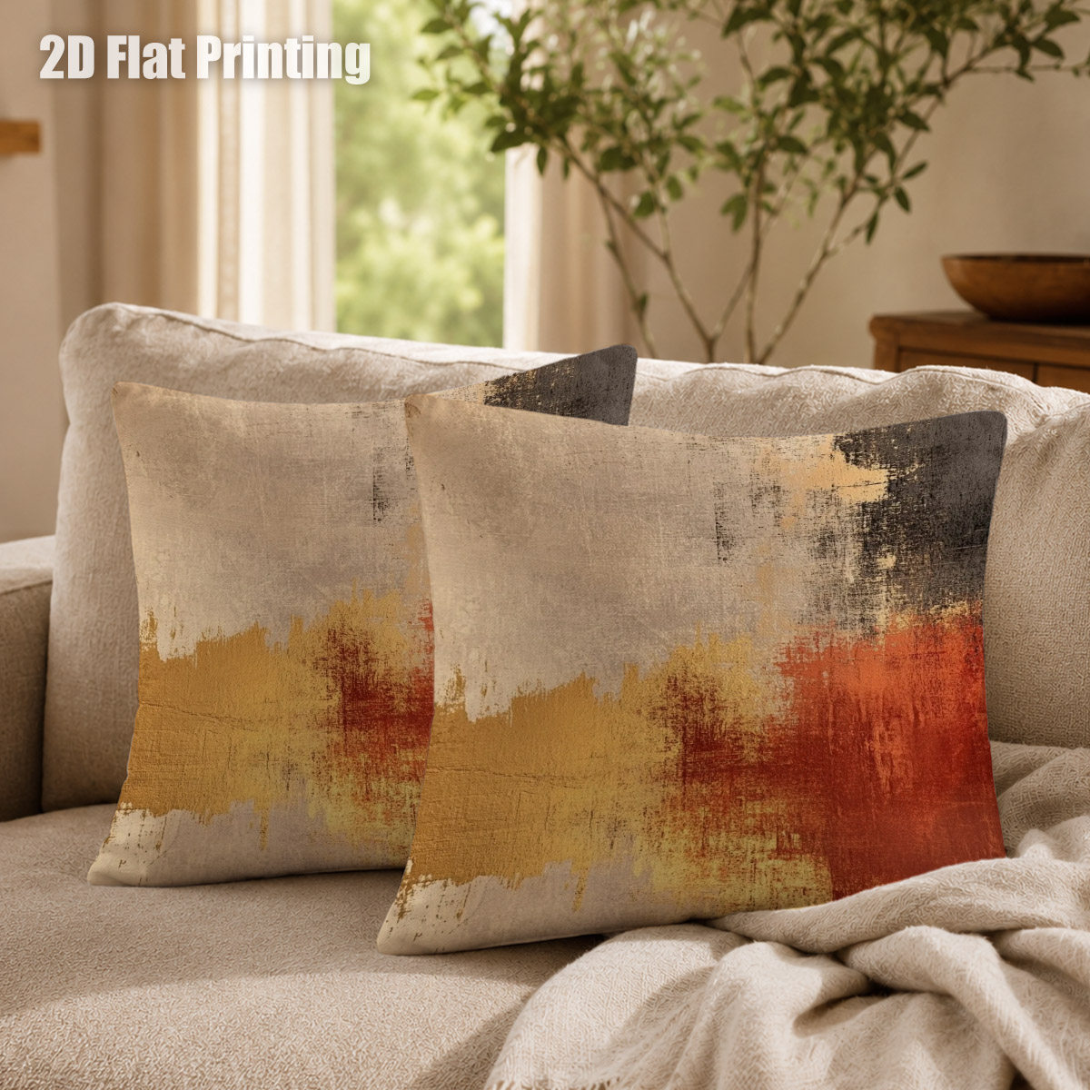 TEMU 2d Flat 2pcs Abstract For Art Retro Color Block Cushion Covers, Double Prints Vintage Beige Abstract For Art, For Nook, Modern Bedroom Corner,