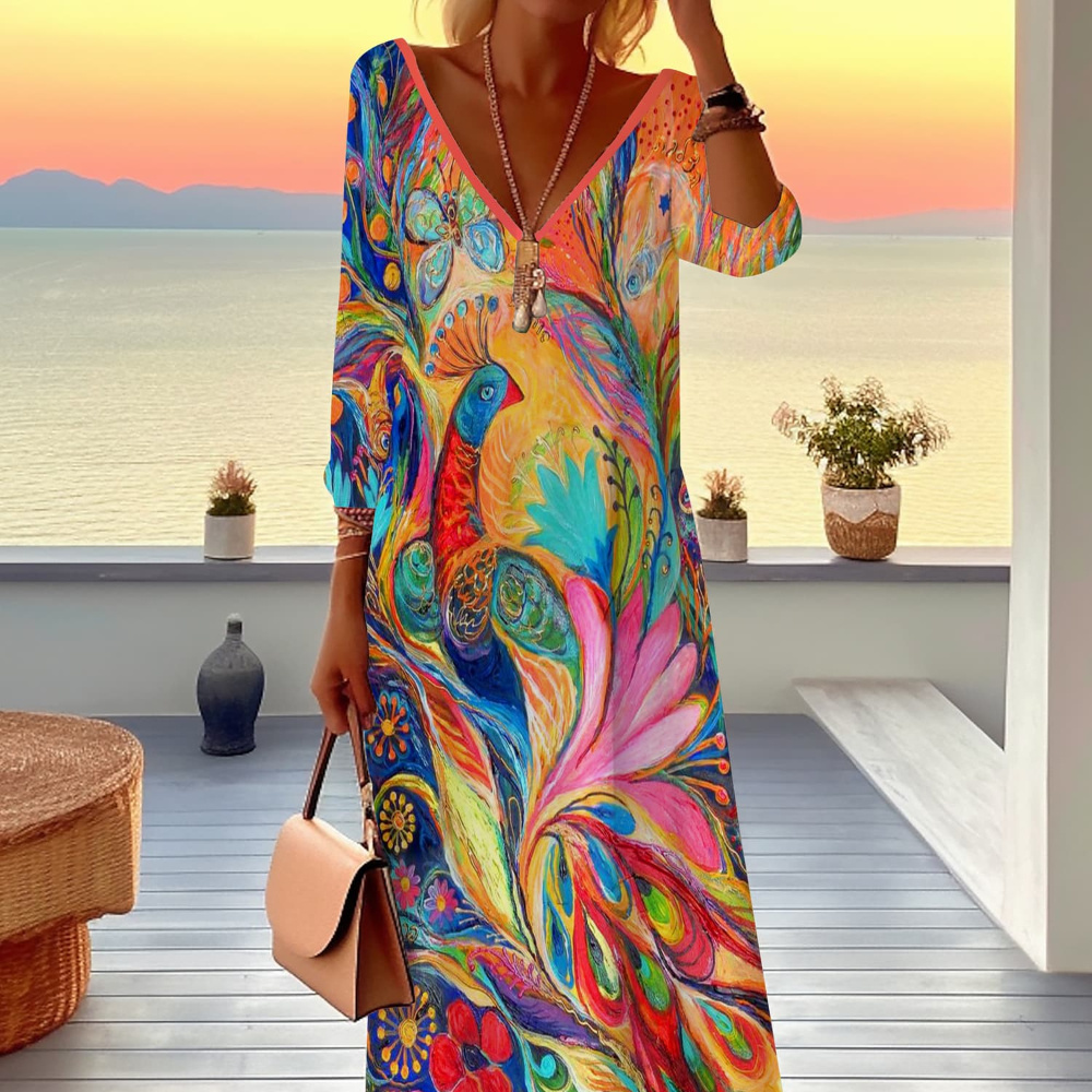 

「」women's Fashionable And Elegant 3d Graffiti Pattern Print -sleeve Long Dress