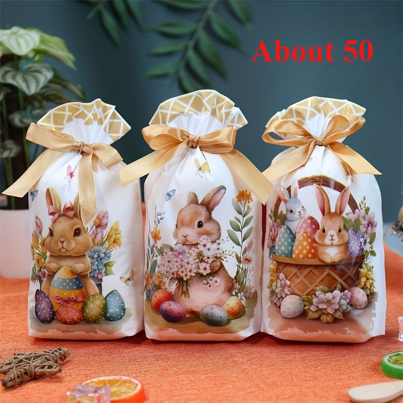 

50pcs Easter Bunny & Eggs Drawstring Gift Bags, Plastic Party Favor Bags, With No Electricity Needed, For Candy, Snacks, And Party Gifts, Ideal For Easter, Thanksgiving, Christmas